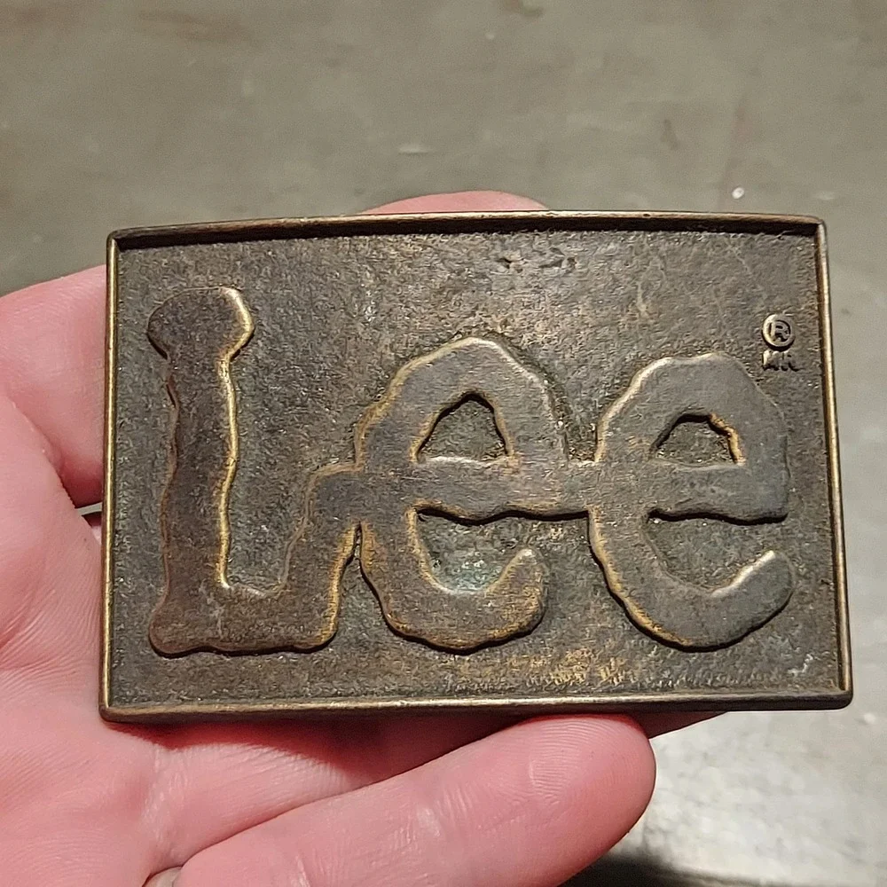 Vintage Lee Jeans Solid Brass Belt Buckle Logo Cowboy Western 70s 80s USA Buck7